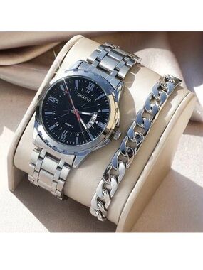 Geneva Quartz Men's Watch Stainless Steel Water Resistant Calendar w/ Bracelet